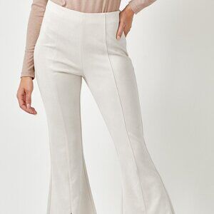 MYSTREE Faux Suede Flare Pants with Front Slit | Soft Ivory SIZE LARGE